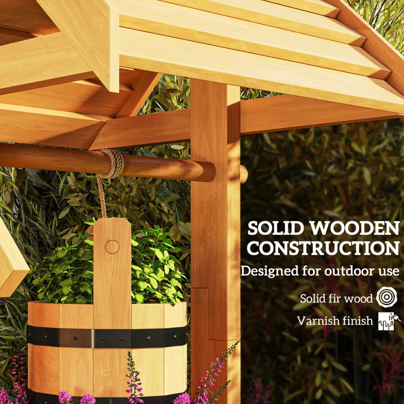 Outsunny Wood Wishing Well Outdoor Wooden Planter with Hanging Bucket and Drainage Hole for Garden, Patio, Backyard, Orange