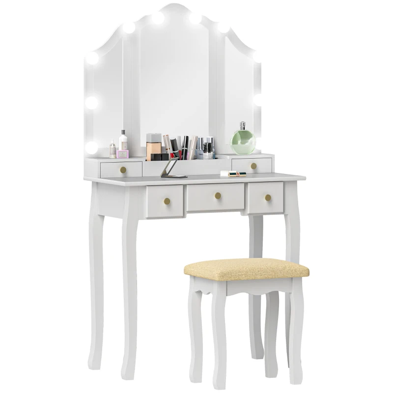 HOMCOM Makeup Vanity Table with Stool, Vanity Set with 10 LED Lights, 5 Drawers and 3 Compartments, White