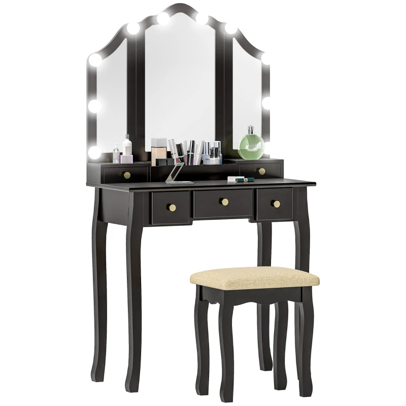 HOMCOM Makeup Vanity Table with Stool, Vanity Set with 10 LED Lights, 5 Drawers and 3 Compartments, Black