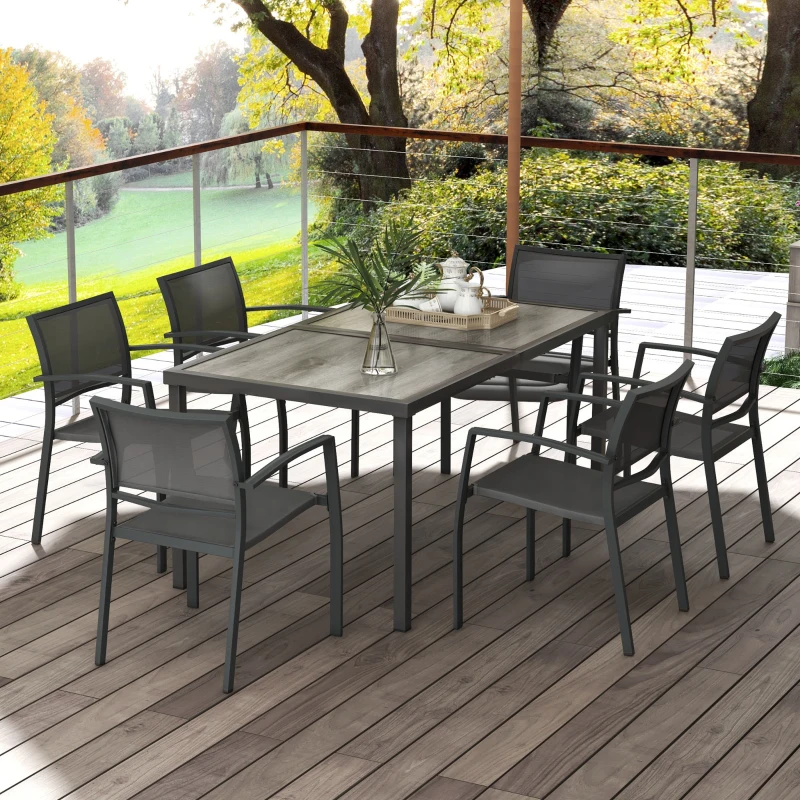 Outsunny 7 Pieces Outdoor Dining Set with 6 Stackable Chairs, Patio Table and Chairs with Plastic Top, Breathable Mesh Seat Back