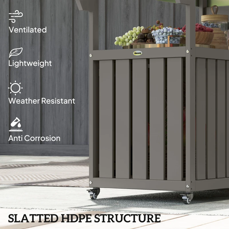 Outsunny Outdoor Bar Cart with Storage, Stainless Steel Outdoor Bar Table Top, Wheeled HDPE Kitchen Island for Food Prep, Gray