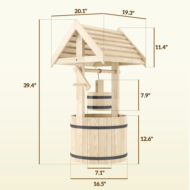 Outsunny Wood Wishing Well for Outside with Hanging Bucket, Wishing Well Planter with Drain Hole for Garden Patio, Natural