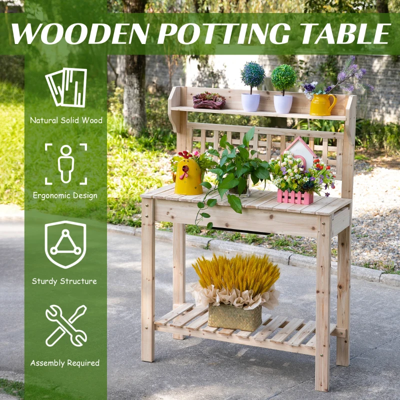 Outsunny Outdoor Potting Bench Table, Wooden Workstation with Sliding Tabletop, Storage Shelf and Dry Sink, for Greenhouse, Garden, Patio, Natural