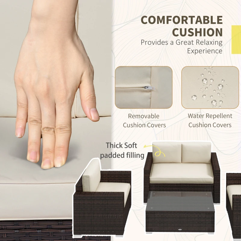 Outsunny 4 Pieces Rattan Sofa Set Wicker Patio Sofa Set with Loveseat Chairs Glass Top Coffee Table for Garden Outdoor Khaki