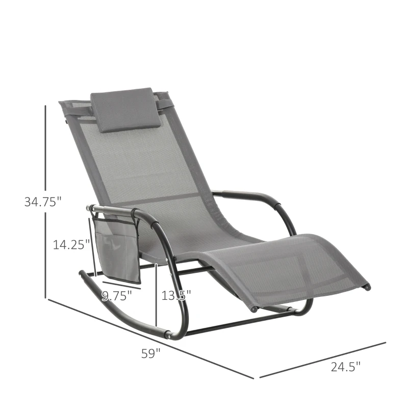 Outsunny Patio Rocking Chair with Mesh Fabric, Outdoor Rocking Sling Sun Lounger with Removable Headrest and Side Pocket for Garden, Deck, Lawn, Grey