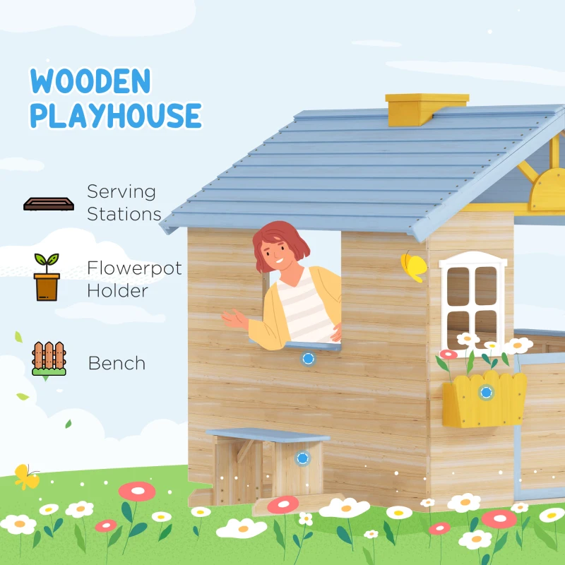 Outsunny Wooden Playhouse for Kids Outdoor Garden with Working Door, Windows, Bench, Service Station, Flowers Pot Holder, Blue