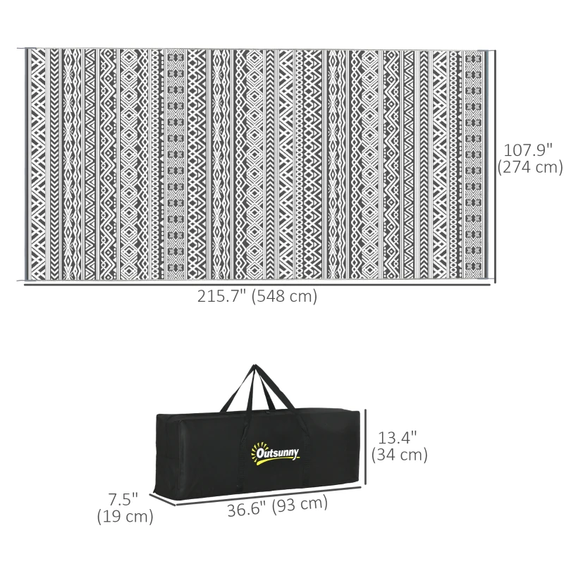 Outsunny Reversible Outdoor Rug Waterproof Plastic Straw RV Rug with Carry Bag, 9' x 18', Grey and Cream White Boho