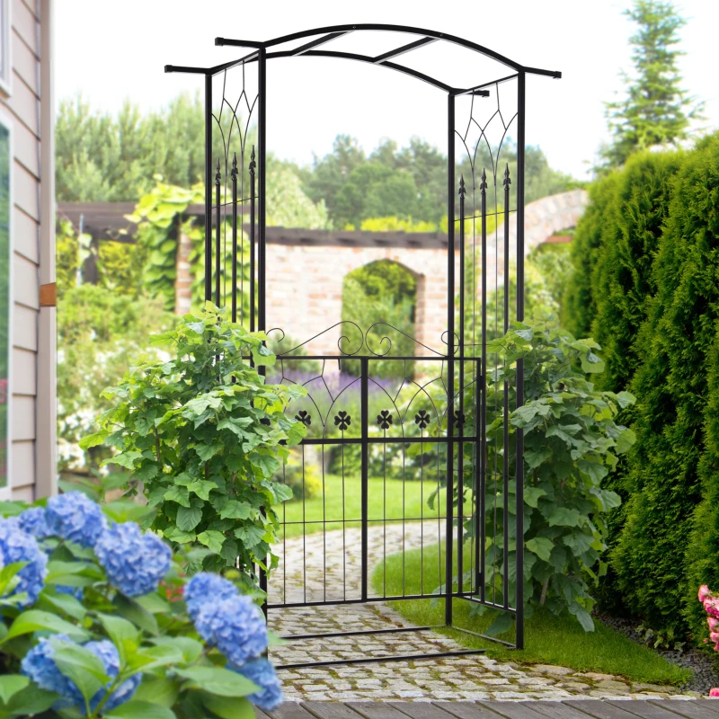 Outsunny Outdoor Metal Trellis Garden Arch Arbor w/ Lucky Leaf Clover Gate for Ceremony Wedding Party Garden Lawn, Black