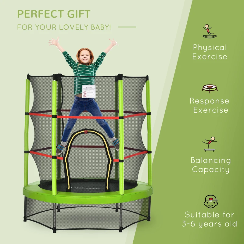 Outsunny 55" Kids Trampoline with Enclosure Net for Indoor/Outdoor, Trampoline for Boys and Girls Age 3-6 Years, Green