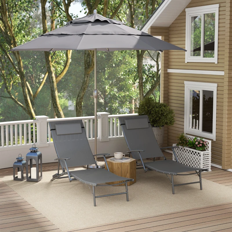 Outsunny Set of 2 Chaise Lounge Chairs, Folding Tanning Chair with Pillow, Outdoor Sun Lounger for Patio, Garden, Beach, Grey