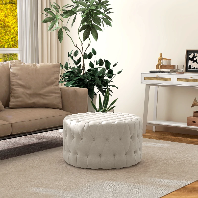HOMCOM Round Ottoman Coffee Table with Velvet-feel Upholstery, Button Tufted Design and Padded Seat, Beige