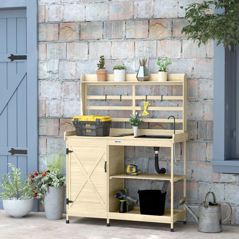 Outsunny Wooden Potting Bench with Storage, Sink, Water Tap for Backyard, Patio, Balcony, Natural