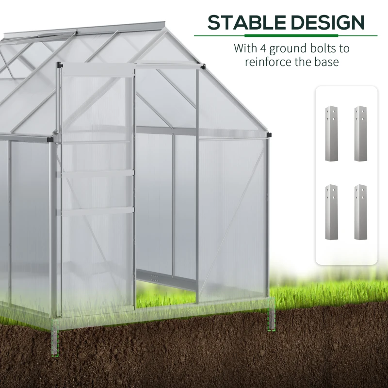 Outsunny 6' x 8' x 6.5' Walk-in Greenhouse, Polycarbonate Greenhouse with Adjustable Roof Vent, Base, Sliding Door, Clear