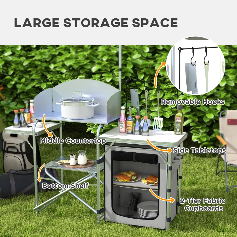 Outsunny Folding Camping Table with Storage Organizer Aluminum Portable Camping Kitchen with Windshield Light Stand Bag Silver