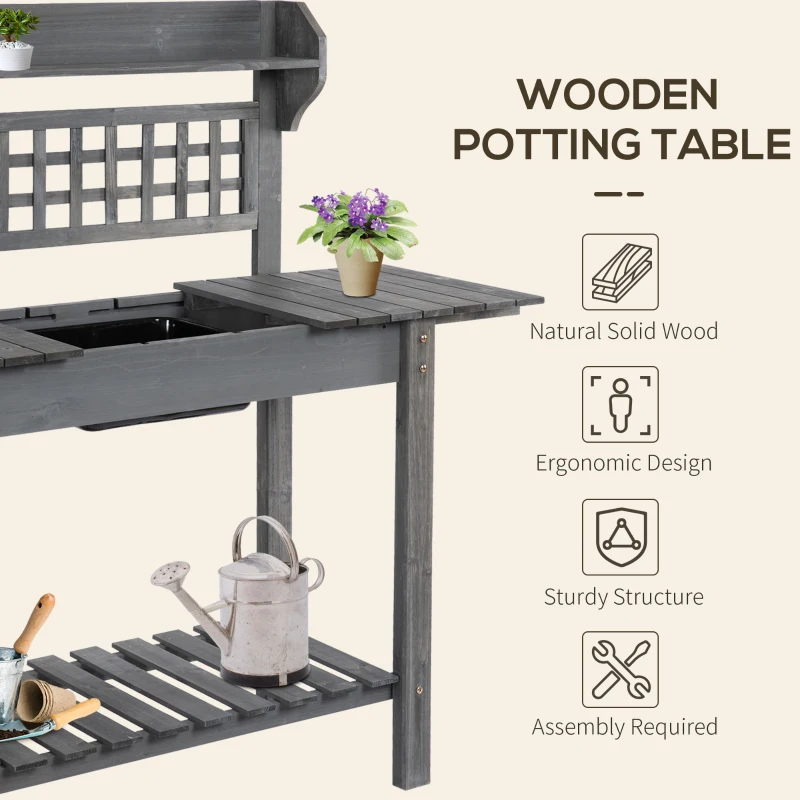 Outsunny Outdoor Potting Bench Table, Wooden Workstation with Sliding Tabletop, Storage Shelf and Dry Sink, for Greenhouse, Garden, Patio, Gray