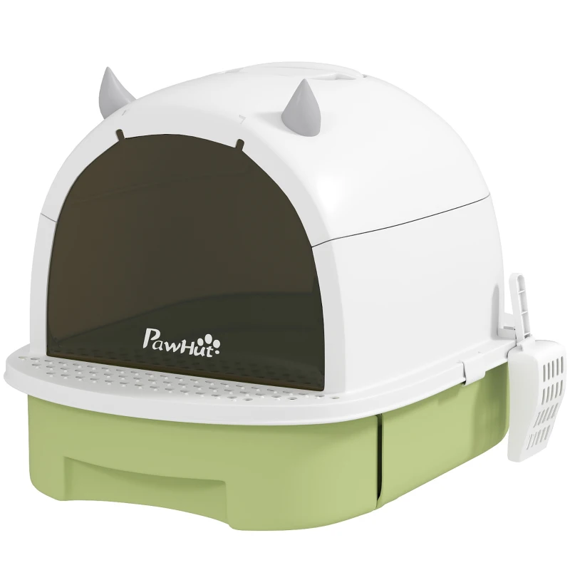 PawHut Cat Litter Box with Lid, Front Door Flap, Scoop, Handle, Easy Clean, for Small and Medium Cats, Green