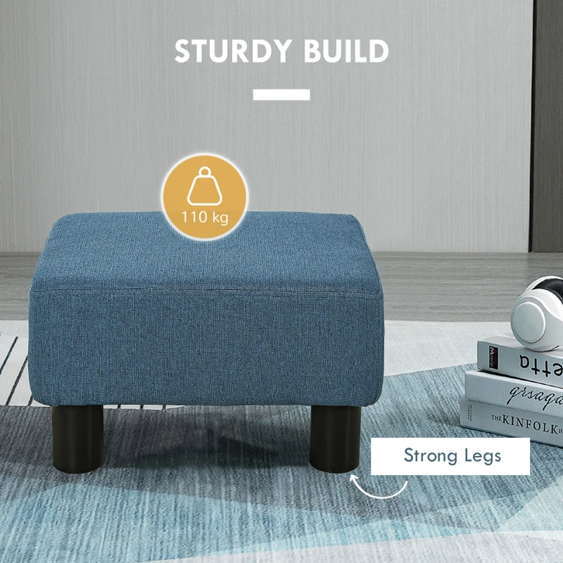 HOMCOM Ottoman Foot Rest, Small Foot Stool with Linen Fabric Upholstery and Plastic Legs, Cube Ottoman for Living Room, Blue