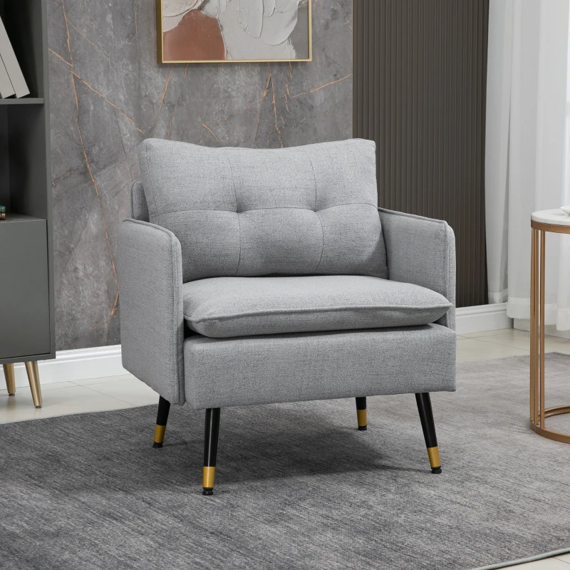 HOMCOM Accent Chair, Upholstered Armchair with Tufted Back Cushion and Steel Legs for Living Room, Bedroom, Grey