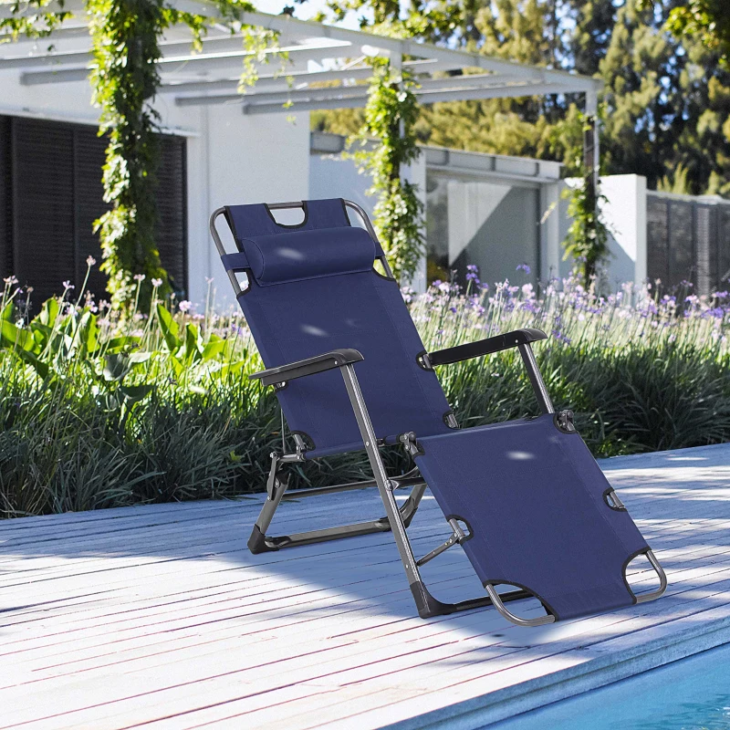 Outsunny Folding Chaise Lounge Chair for Outside, 2-in-1 Tanning Chair with Pillow & Pocket, Adjustable Pool Chair for Beach, Patio, Lawn, Deck, Navy
