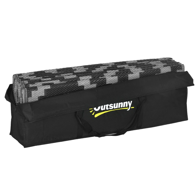Outsunny Reversible Outdoor Rug Waterproof Plastic Straw RV Rug with Carry Bag, 9' x 12', Black and Grey Geometric