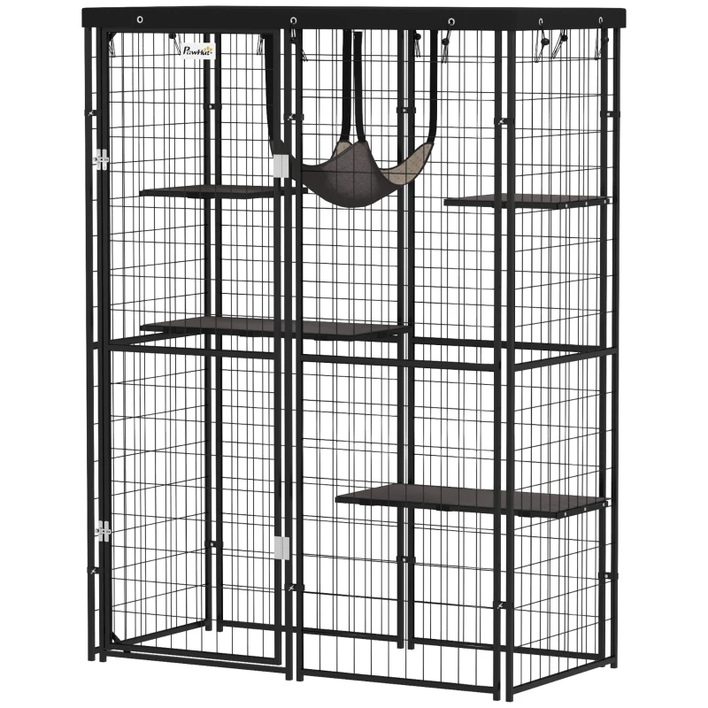 PawHut Metal Cat Cage with Waterproof Cover, 4 Platforms, Hammock, Washable Cushions for 1-3 Kittens, 46.5" x 22" x 62", Black
