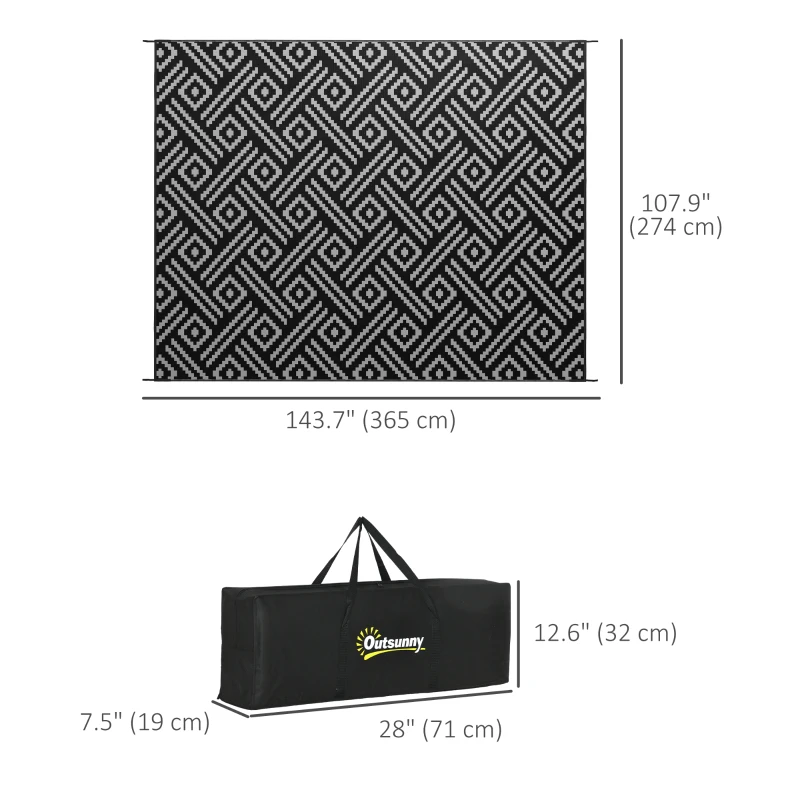 Outsunny Reversible Outdoor Rug Waterproof Plastic Straw RV Rug with Carry Bag, 9' x 12', Black and Grey Geometric