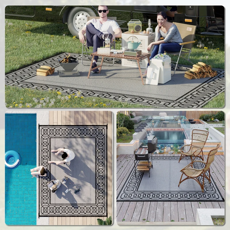 Outsunny Outdoor Rug for Patio, 9' x 12' Waterproof Large Mat, Reversible Plastic Straw Rug for Decor, Portable Outside RV Camping Area Carpet Mat for Backyard Porch Deck Picnic, Black & Gray Border