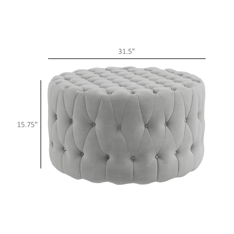 HOMCOM Round Ottoman Coffee Table with Velvet-feel Upholstery, Button Tufted Design and Padded Seat, Gray
