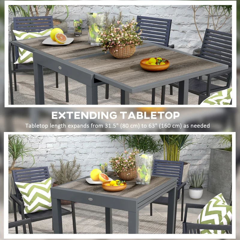 Outsunny Extendable Dining Table, Rectangular Patio Outdoor Table with Aluminum Frame and Plastic Board Tabletop for Lawn, Grey