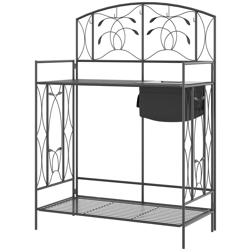 Outsunny Folding Potting Bench Table, Metal Garden Workstation, Work Bench with Large Built-in Bag with Cover, 5 Hanging Hooks & Storage Shelf, Leaf Pattern