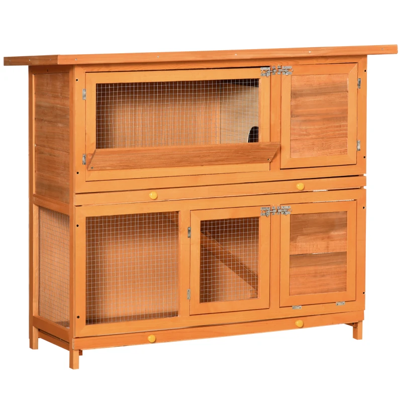 PawHut 2 Tier Elevated Wooden Rabbit Hutch Bunny House Small Animal Cage 47"L x 19"W x 39"H w/ Sliding-Out Tray