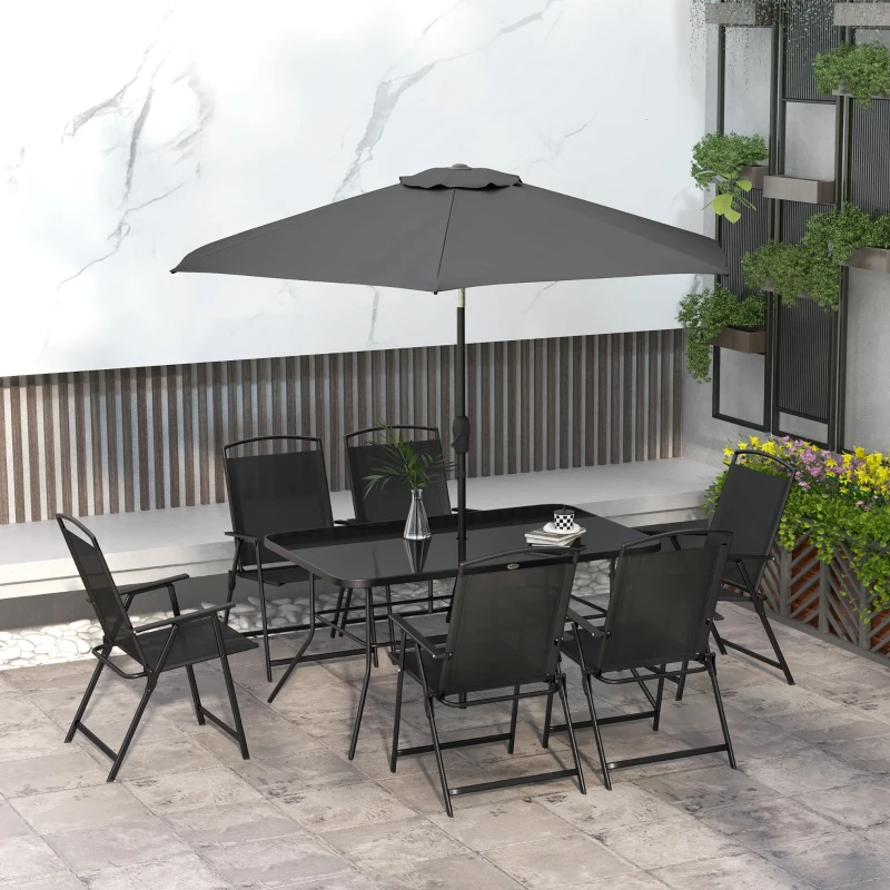 Outsunny 8 Piece Patio Set with Umbrella, 6 Folding Chairs, Rectangle Table, Outdoor Dining Set for 6 with Mesh Seat, Black