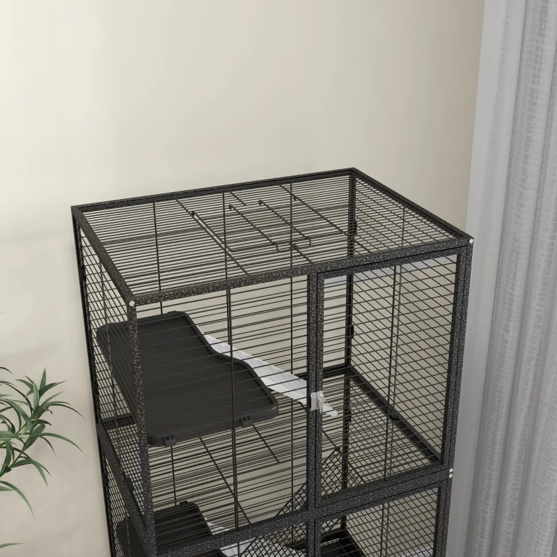 PawHut Rolling Small Animal Cage 53.5"H Chinchilla Cage for Ferrets, Squirrels w/ Removable Tray, Storage Shelf, Dark Grey