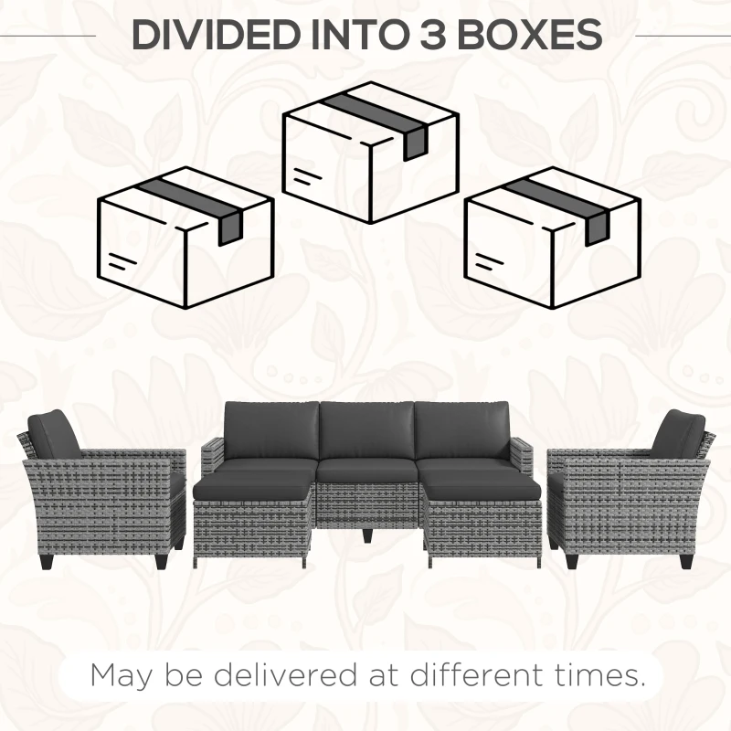 Outsunny 5-Piece Patio Furniture Set with PE Rattan Three-Seater Sofa, Armchairs, Footstools, Cushions, Mixed Gray