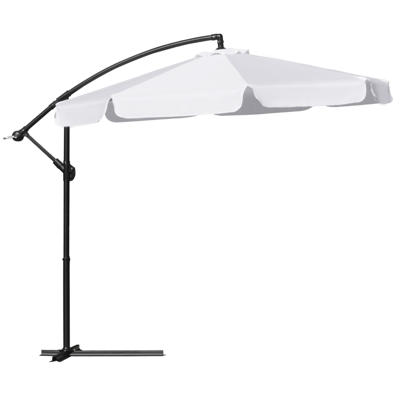 Outsunny 9FT Offset Hanging Patio Umbrella Cantilever Umbrella with Easy Tilt Adjustment, Cross Base and 8 Ribs for Backyard, Poolside, Lawn and Garden, White