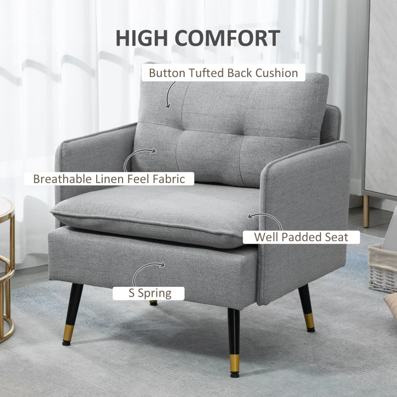 HOMCOM Accent Chair, Upholstered Armchair with Tufted Back Cushion and Steel Legs for Living Room, Bedroom, Grey