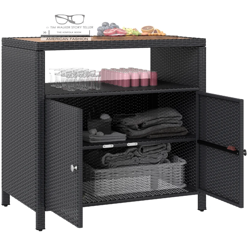 Outsunny Outdoor Storage Cabinet with Acacia Wood Top, Two Doors, Shelf, Wicker Bar Table for Pool Towel Storage, Black