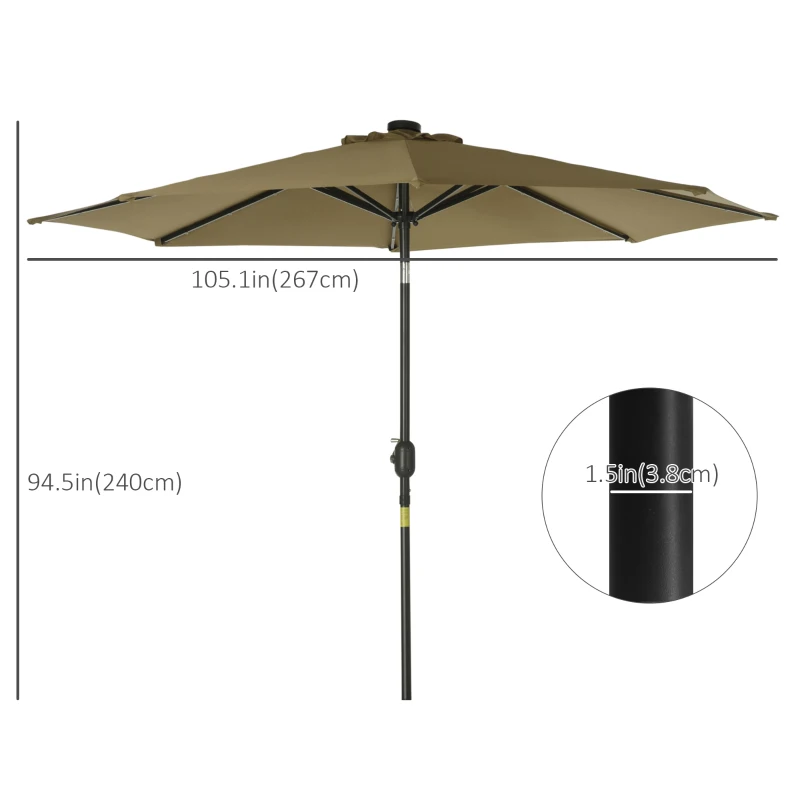 Outsunny 9ft Solar Patio Umbrella Outdoor Sunshade 24 LED Lights Tilt Canopy, Brown