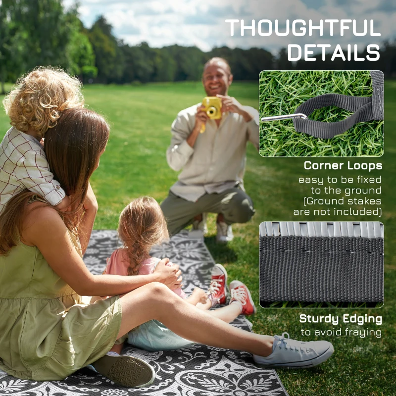 Outsunny Outdoor Rug for Patio, 9' x 18' Waterproof Large Mat, Reversible Plastic Straw Rug for Decor, Portable Outside RV Camping Area Carpet Mat for Backyard Porch Deck Picnic, Gray & White Floral