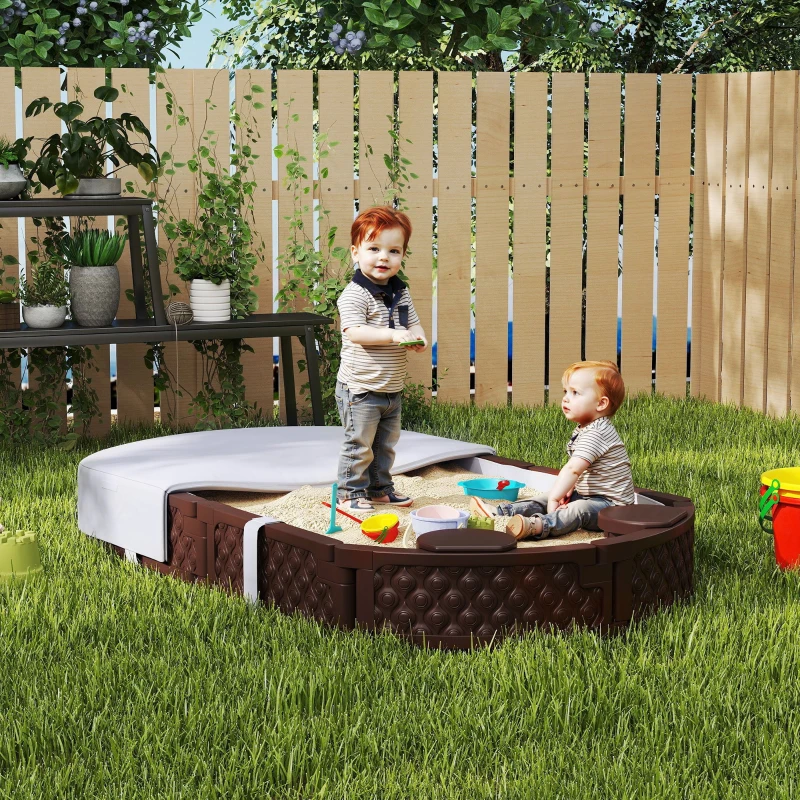 Qaba Kids Sandbox with Cover, 4 Corner Seats, Bottom Liner for Backyard, Garden, Outdoor, 71" x 42" W x 9", Dark Brown