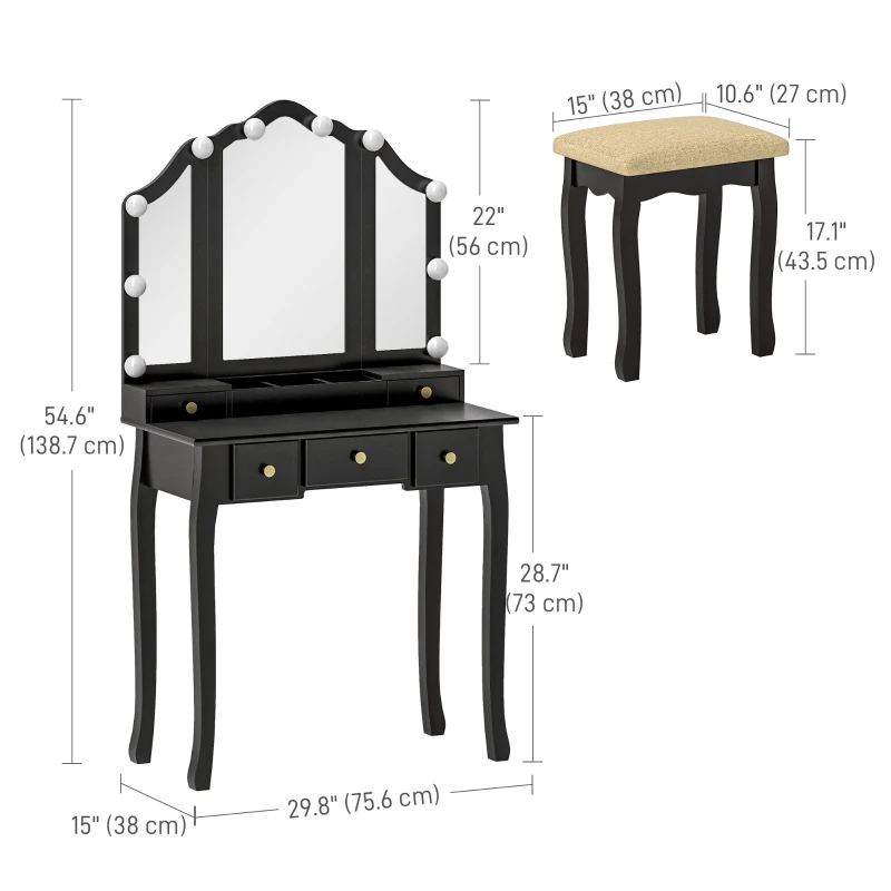 HOMCOM Makeup Vanity Table with Stool, Vanity Set with 10 LED Lights, 5 Drawers and 3 Compartments, Black