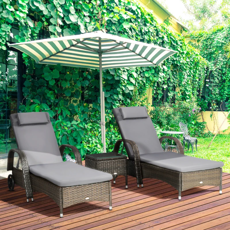 Outsunny 3 Pieces Wicker Patio Lounger Set with Table, PE Rattan Outdoor Lounge Chair Set with Cushions, Wheels, 5-Level Reclining Backrest, Headrest, Brown/Dark Grey