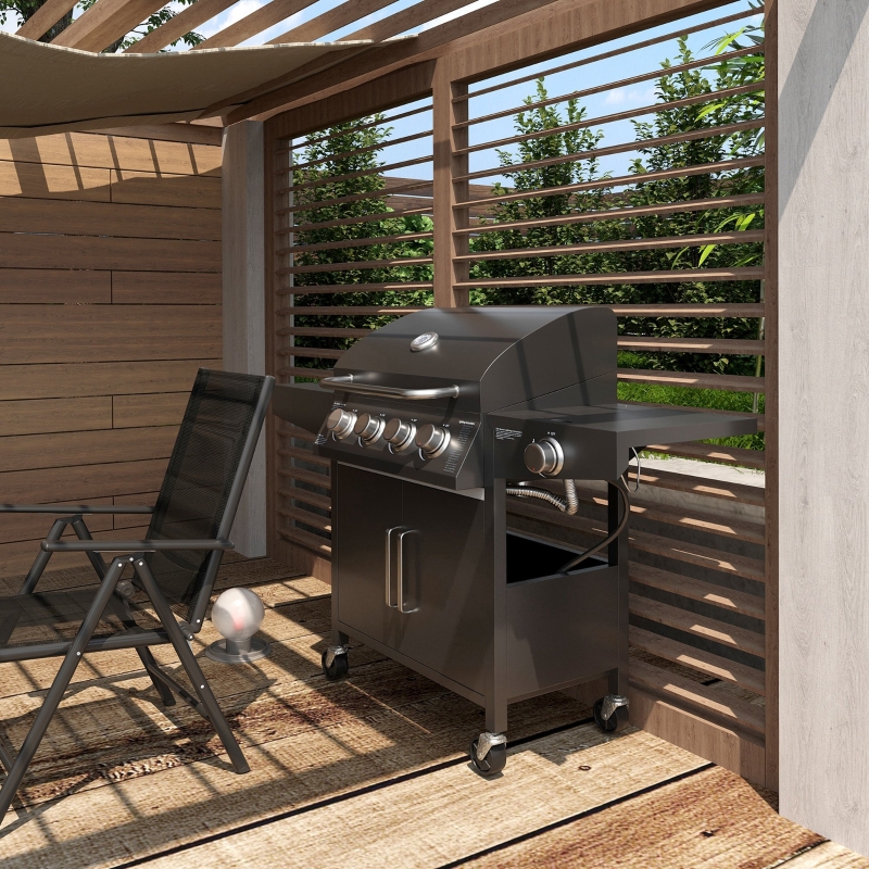 Outsunny 4+1 Burner Liquid Propane Gas Grill Outdoor Cabinet Style BBQ Trolley w/ Side Burner, Warming Rack, Side Shelf, Storage Cabinet, Thermometer, 4 Wheels, Carbon Steel, Black