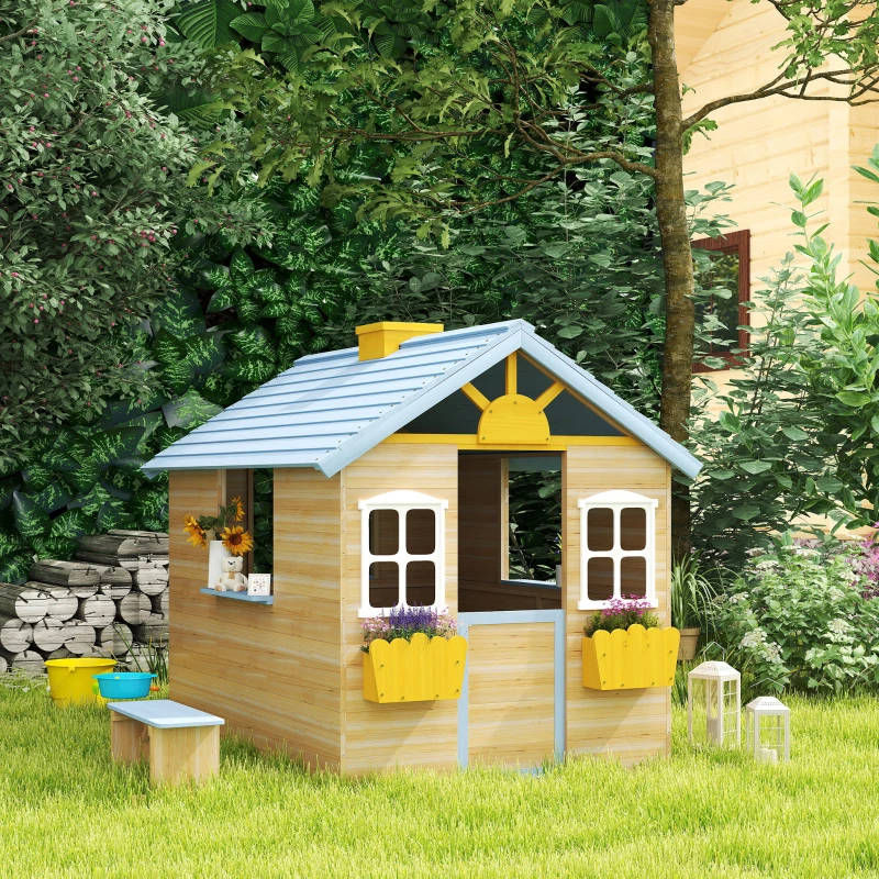 Outsunny Wooden Playhouse for Kids Outdoor Garden with Working Door, Windows, Bench, Service Station, Flowers Pot Holder, Blue