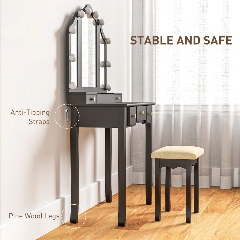 HOMCOM Makeup Vanity Table with Stool, Vanity Set with 10 LED Lights, 5 Drawers and 3 Compartments, Black