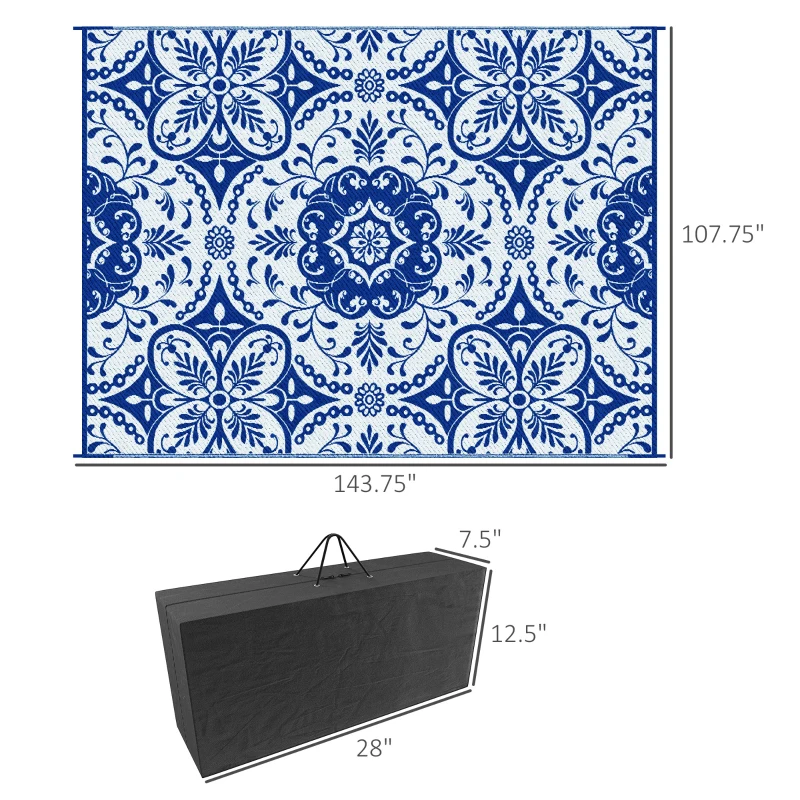Outsunny Outdoor Rug for Patio, 9' x 12' Waterproof Large Mat, Reversible Plastic Straw Rug for Decor, Portable Outside RV Camping Area Carpet Mat for Backyard Porch Deck Picnic, Blue & White Floral