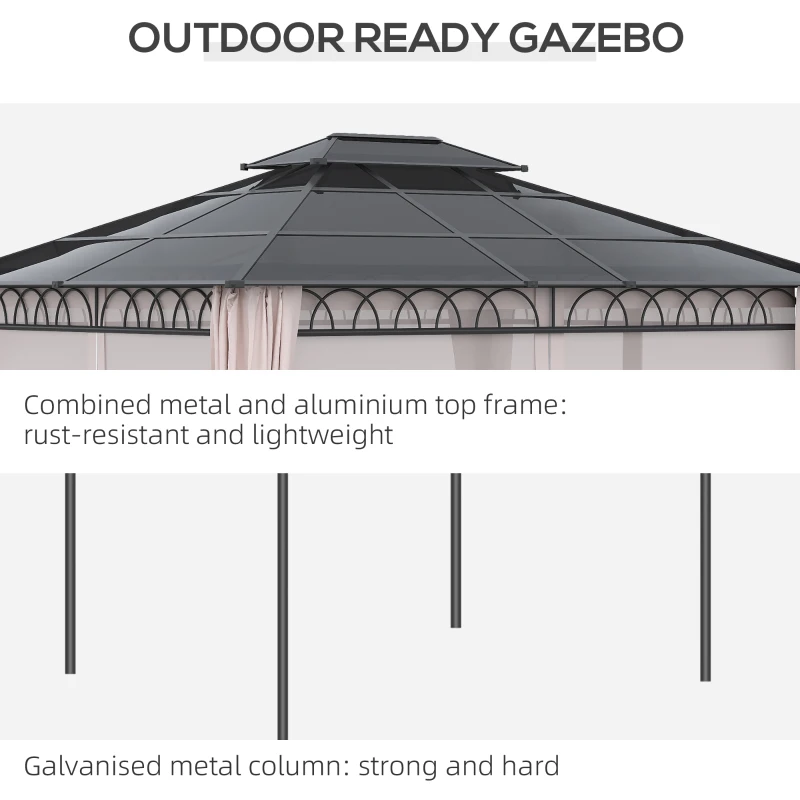 Outsunny 10' x 12' Outdoor Hardtop Gazebo Canopy w/ Double PC Roof, Steel Frame, Nettings, Curtains for Garden Lawn Deck, Khaki