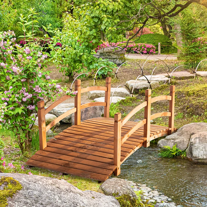 Outsunny 5FT Wooden Garden Bridge Classic Arc Footbridge with Guardrails for Stream Pond Walkway, Orange