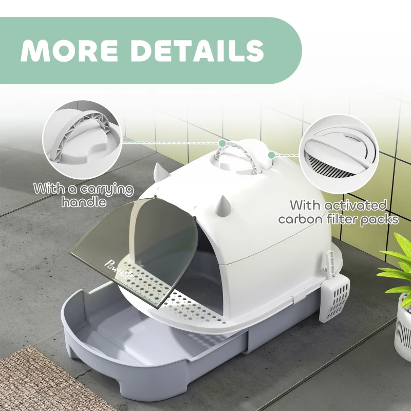 PawHut Cat Litter Box with Lid, Front Door Flap, Scoop, Handle, Easy Clean, for Small and Medium Cats, Grey