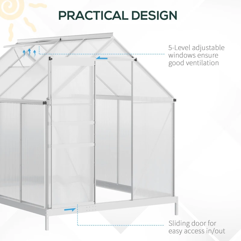 Outsunny 6' x 8' x 6.5' Walk-in Greenhouse, Polycarbonate Greenhouse with Adjustable Roof Vent, Base, Sliding Door, Clear